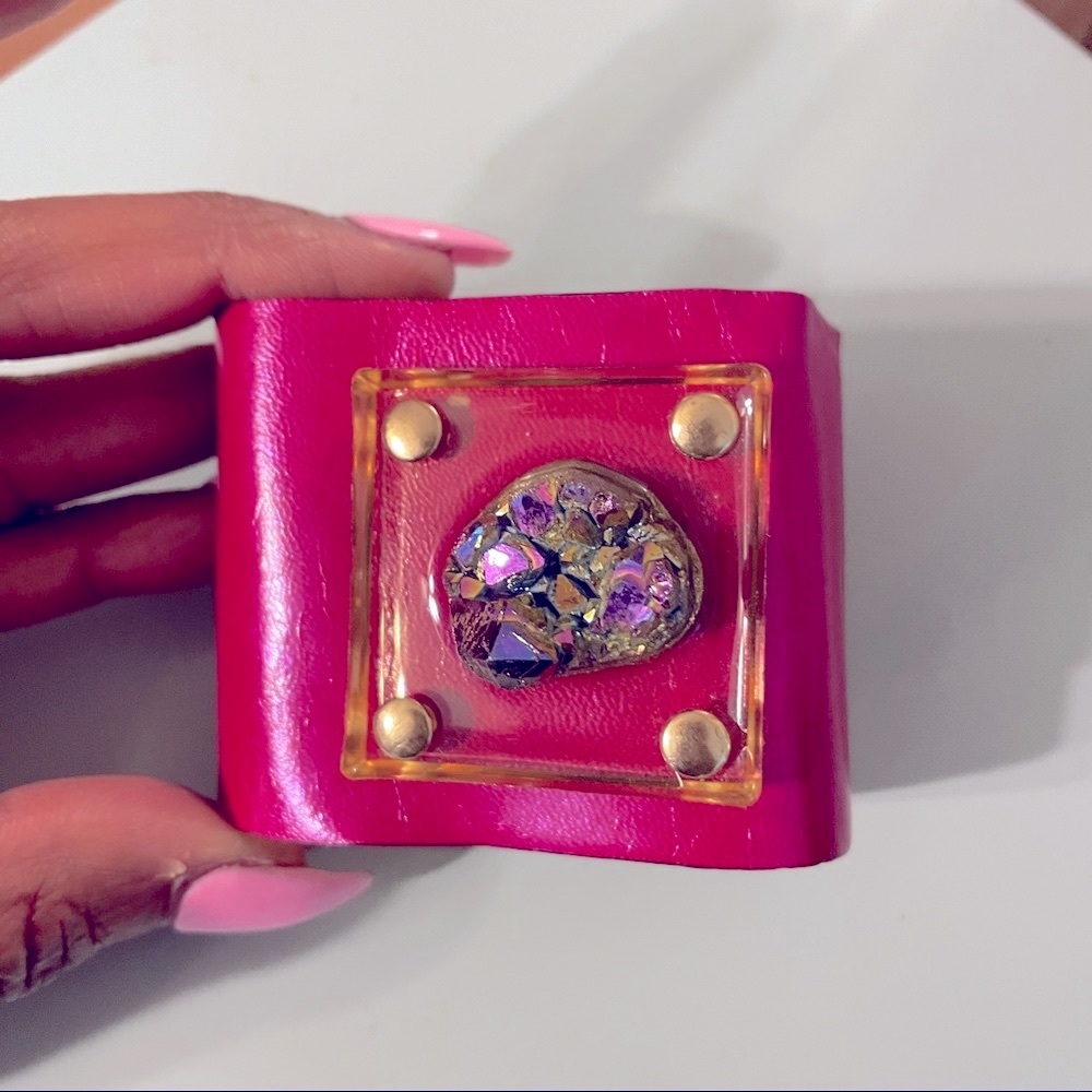 Pink Faux Leather Arm Cuff Bracelet with Rainbow Titanium Quartz Crystal